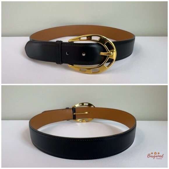 Authentic HERMES Black Calfskin Leather Gold Horseshoe Buckle Belt Size 70 main image 10